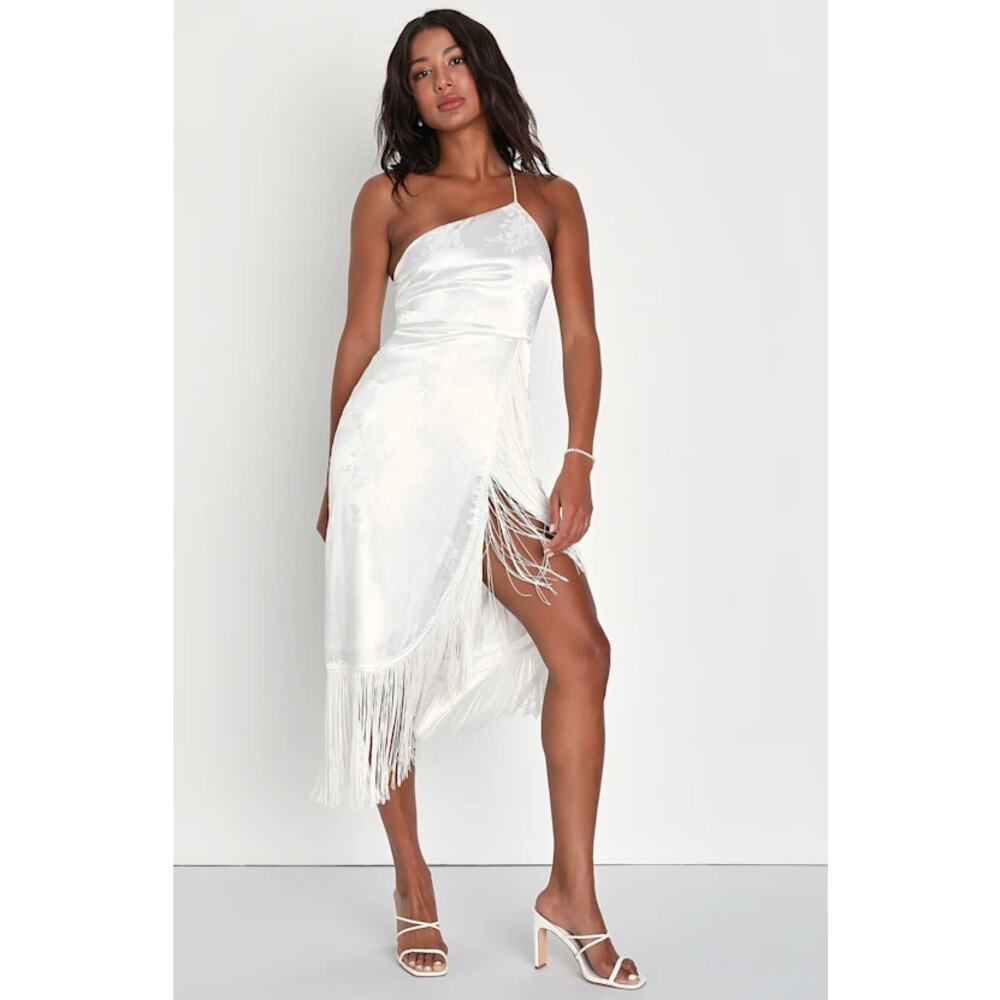 Lulus On the Dancefloor White Jacquard Fringe‎ One-Shoulder Midi Dress